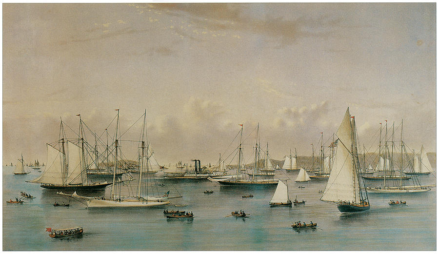 Currier And Ives Painting - The Yacht Squadron at Newport by Nathaniel Currier and James Merritt Ives