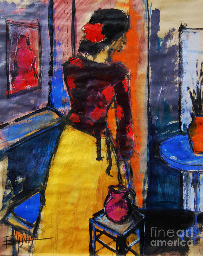 Abstract Painting - The yellow skirt - Pia #9 - figure series by Mona Edulesco