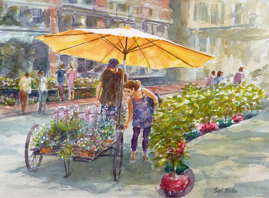 Flower Shopping Painting - The Yellow Umbrella  by Carl Whitten