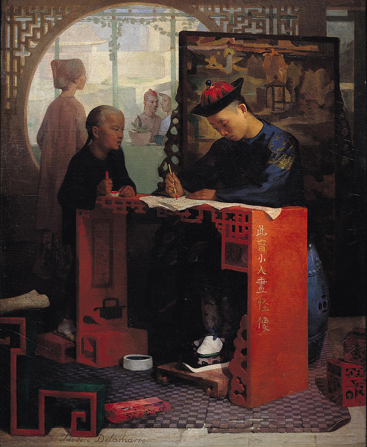 Hat Photograph - The Young Chinese Scribe Oil On Canvas by Theodore Delamarre