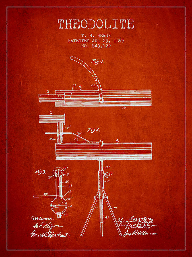 Vintage Digital Art - Theodolite Patent from 1895 - Red by Aged Pixel