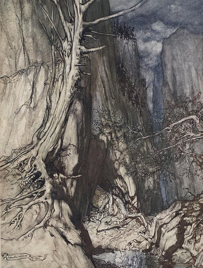 There Is A Dread Dragon He Sojourns Drawing by Arthur Rackham