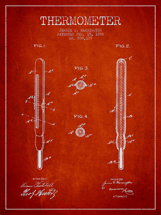 Thermometer Patent From 1898 - Red Digital Art