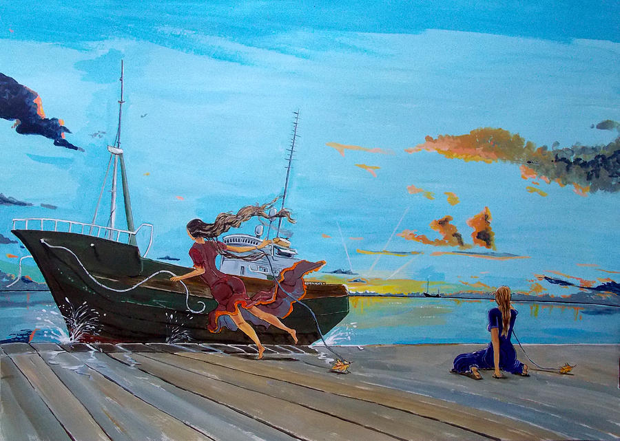 Boat Painting - They..in the harbours... by Lazaro Hurtado