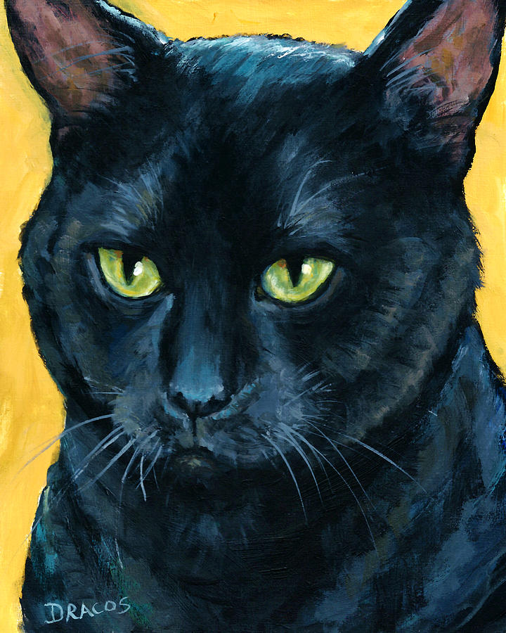 Cat Painting - Thinking Black Cat by Dottie Dracos