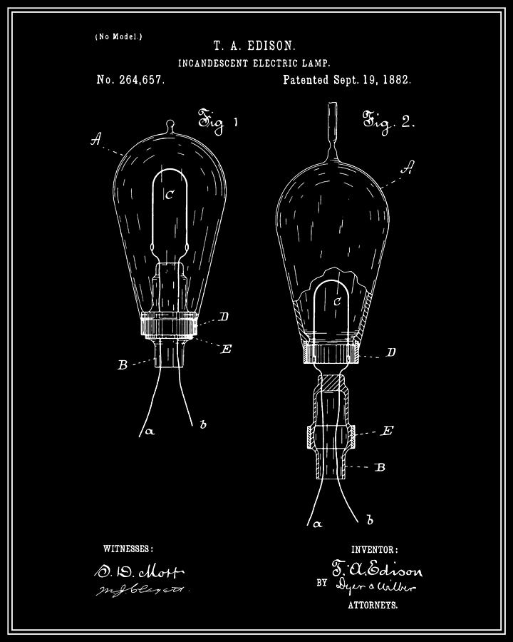 Thomas Edison Electric Lamp Patent - Black Digital Art by Finlay McNevin