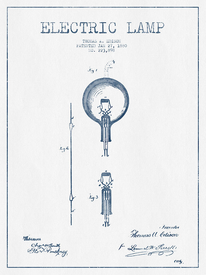 Thomas Edison Electric Lamp Patent from 1880 - Blue Ink Digital Art by ...