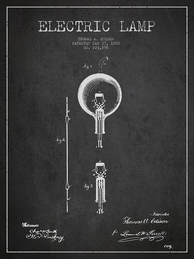 Vintage Digital Art - Thomas Edison Electric Lamp Patent from 1880 - Dark by Aged Pixel