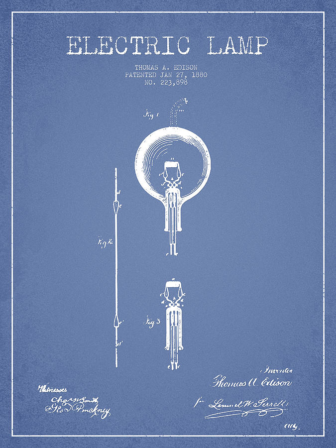 Thomas Edison Electric Lamp Patent from 1880 - Light Blue Digital Art ...