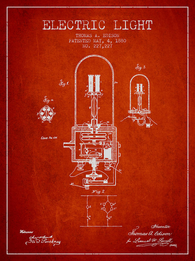Vintage Digital Art - Thomas Edison Electric Light Patent from 1880 - Red by Aged Pixel
