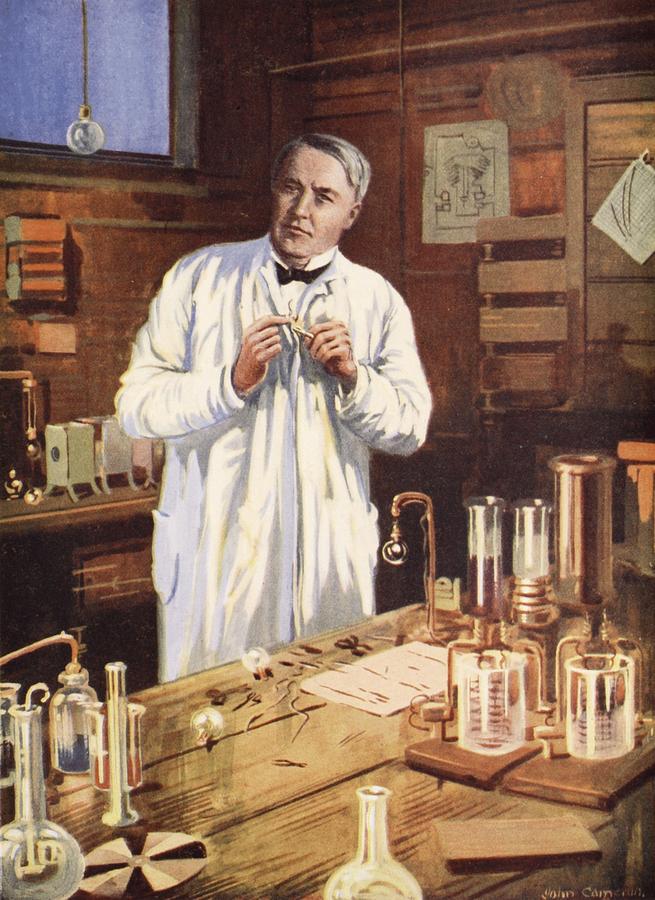 Scientist Drawing - Thomas Edison In His Workshop by John Cameron