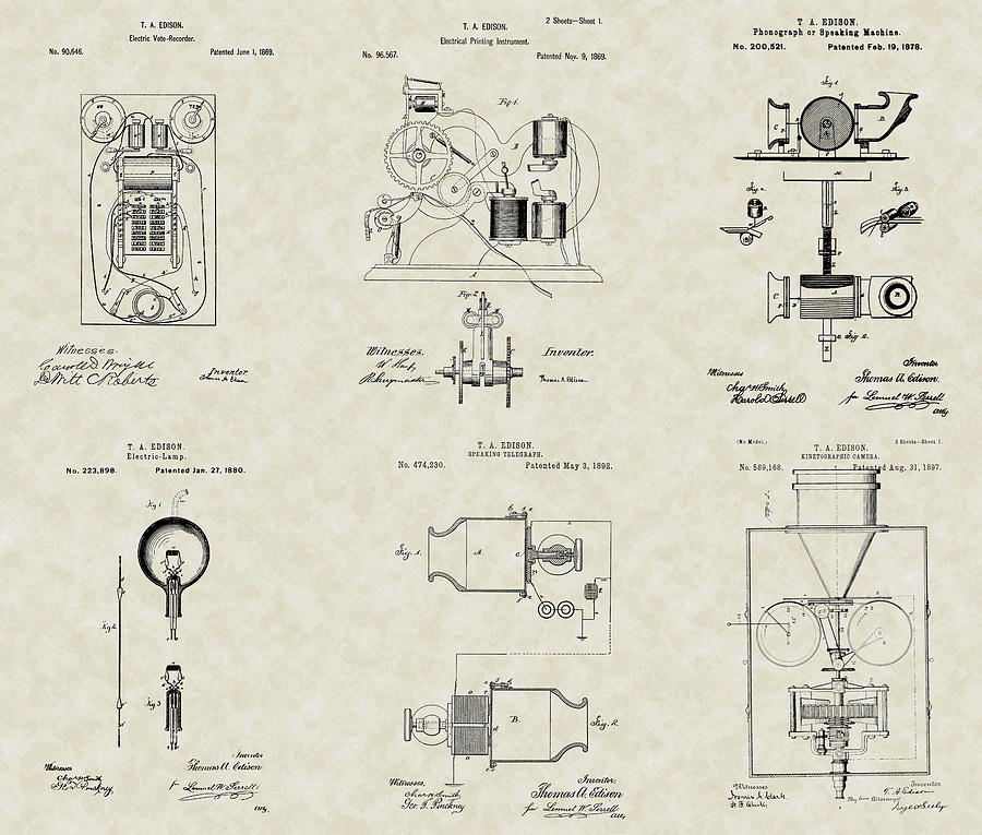 Thomas Edison Drawing - Thomas Edison Inventor Patent Collection by PatentsAsArt