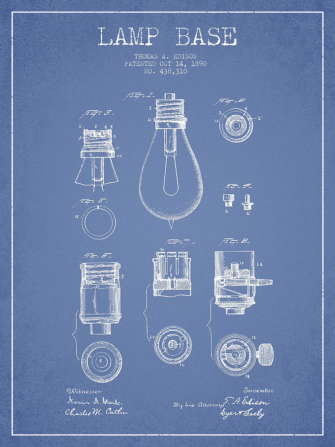 Thomas Edison Lamp Base Patent From 1890 - Light Blue Digital Art