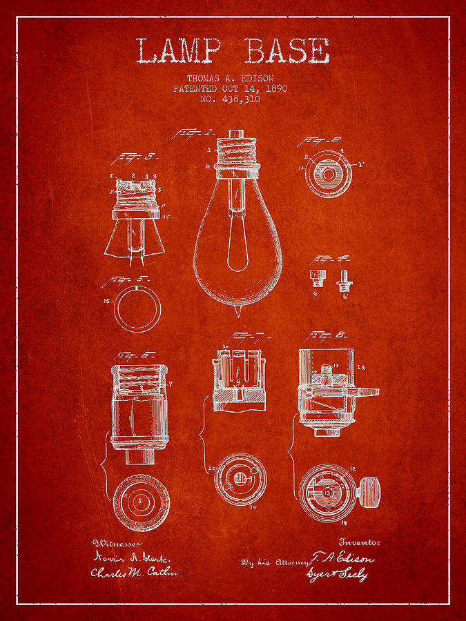 Vintage Digital Art - Thomas Edison Lamp Base Patent from 1890 - Red by Aged Pixel