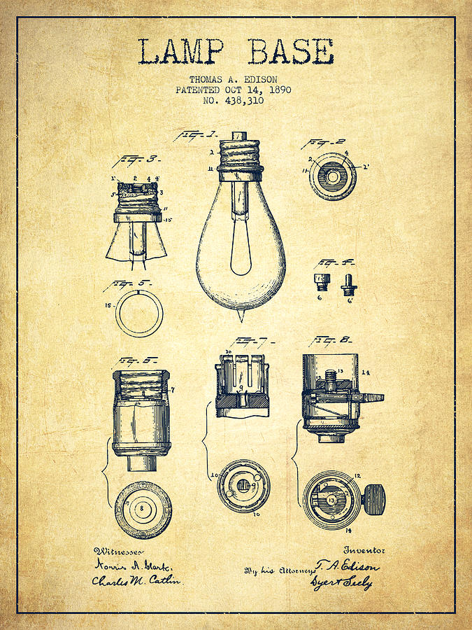 Vintage Digital Art - Thomas Edison Lamp Base Patent from 1890 - Vintage by Aged Pixel
