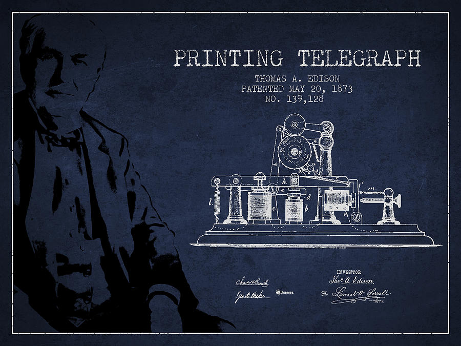 Vintage Digital Art - Thomas Edison Printing Telegraph Patent Drawing From 1873 - Navy by Aged Pixel