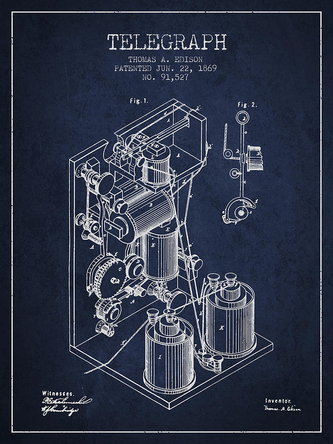 Vintage Digital Art - Thomas Edison Telegraph patent from 1869 - Navy Blue by Aged Pixel