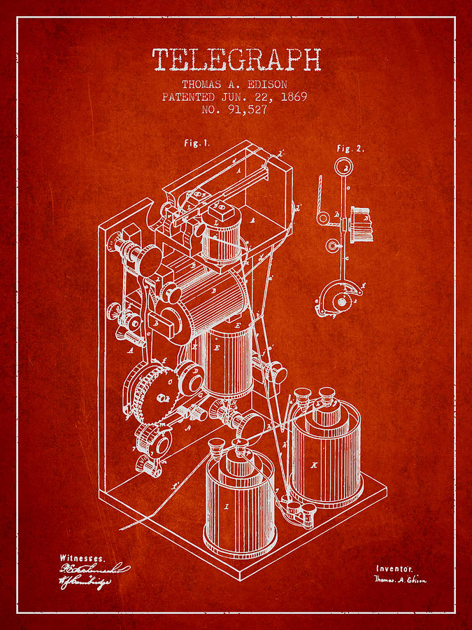 Thomas Edison Telegraph Patent From 1869 - Red Digital Art By Aged ...