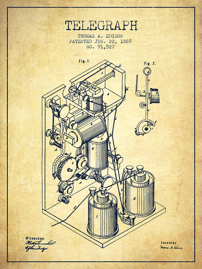 Thomas Edison Telegraph patent from 1869 Vintage Digital Art by Aged