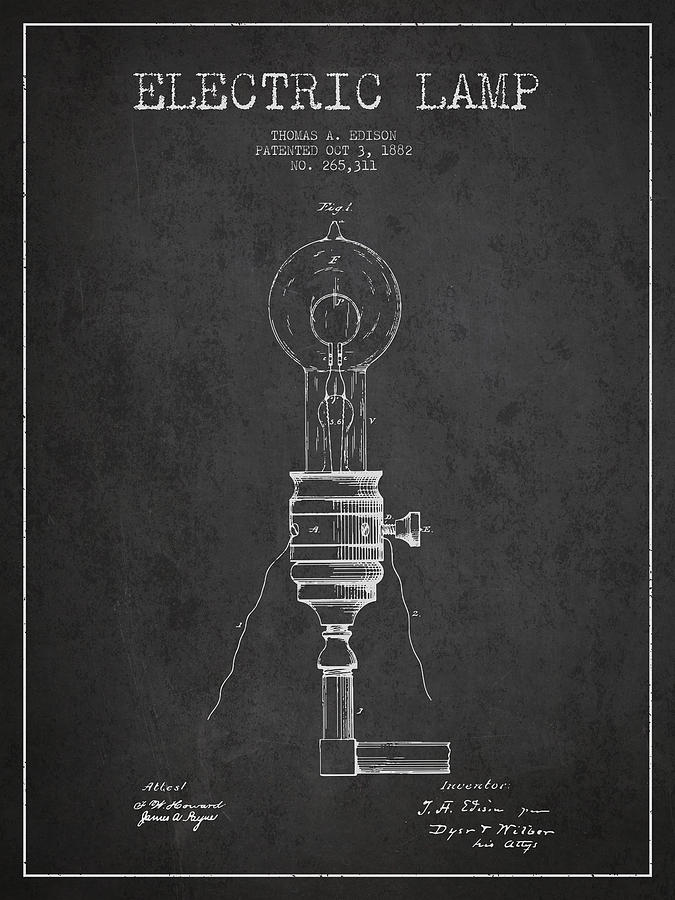 Vintage Digital Art - Thomas Edison Vintage Electric Lamp Patent from 1882 - Dark by Aged Pixel