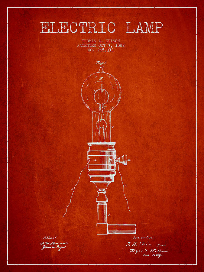 Thomas Edison Vintage Electric Lamp Patent from 1882 - Red Digital Art ...