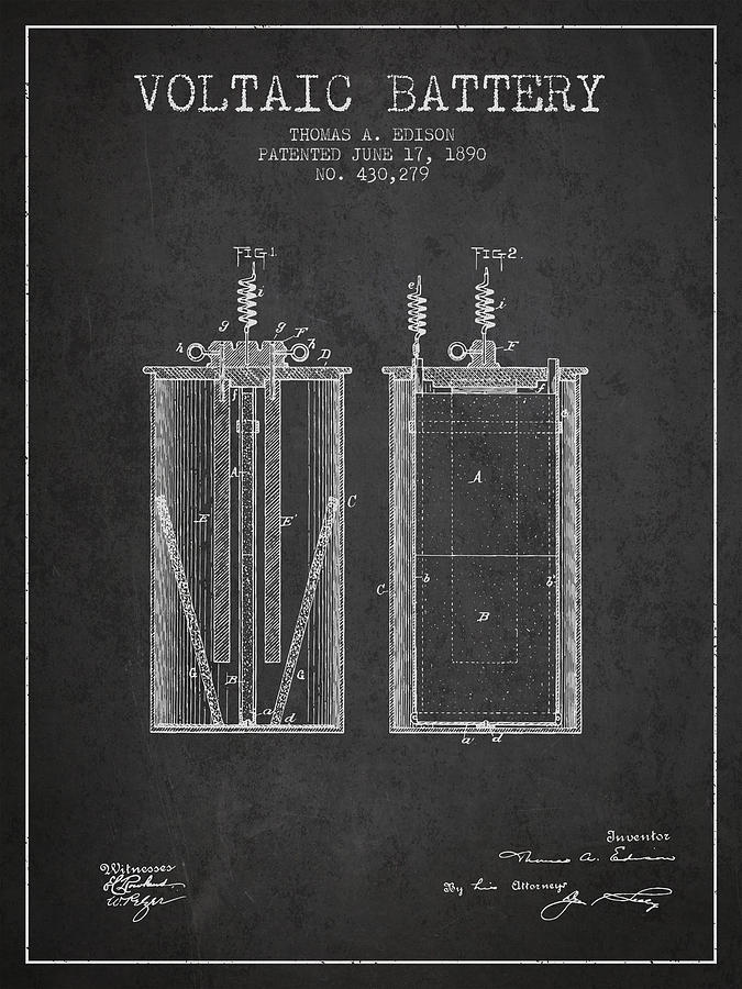 Vintage Digital Art - Thomas Edison Voltaic Battery Patent from 1890 - Charcoal by Aged Pixel