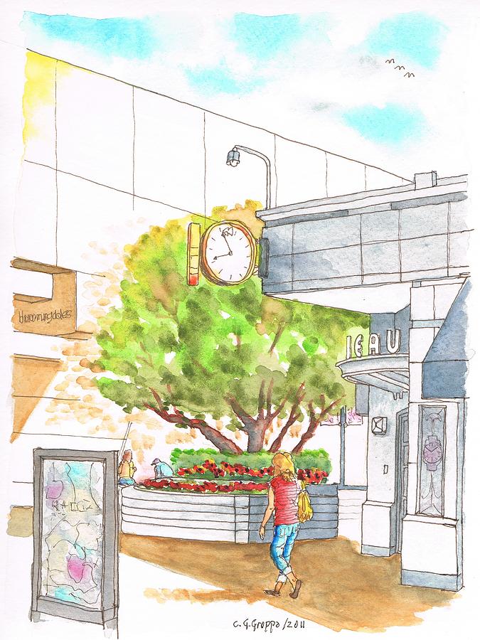 Tree and a watch in the Century City Mall - California Painting by Carlos G Groppa