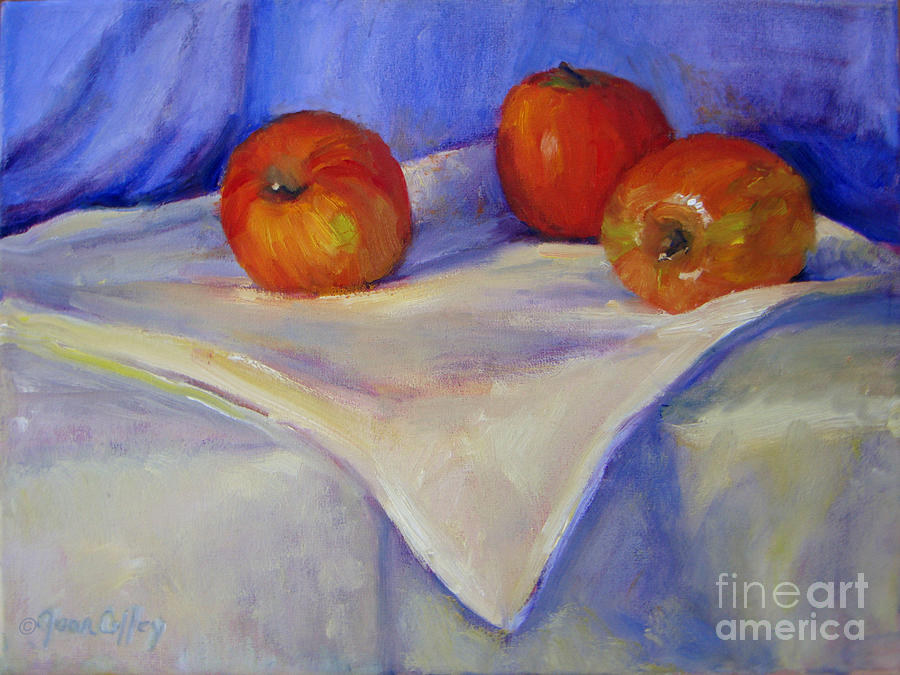 Three Apples With Blue And White Painting by Joan Coffey