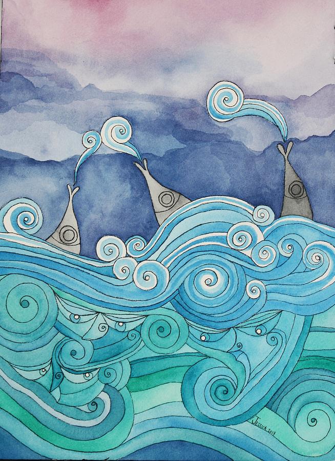 Fish Painting - Three at Sea by Jessica Hormander