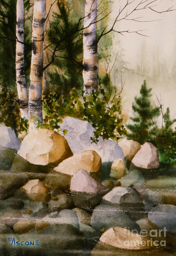 Nature Painting - Three Birch by Rocky Stream by Teresa Ascone