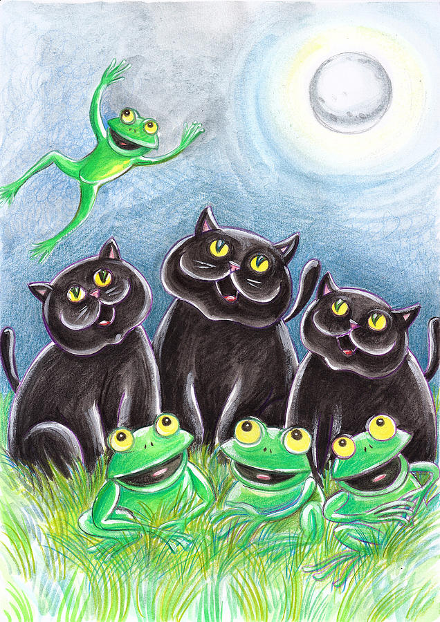 Three Black Cats And A Frog Drawing
