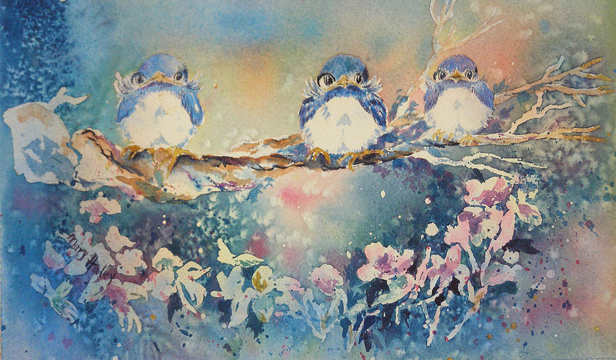 Three Blue Birds Painting by Mary Haley-Rocks