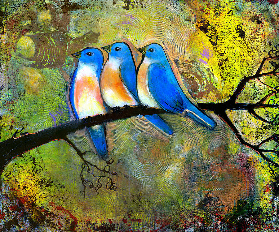 Bluebird Painting - Three Little Birds - Bluebirds by Blenda Studio