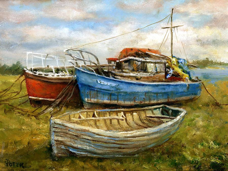 Three Boats Painting by Virginia Potter