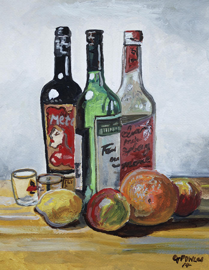 Three Bottles And Fruit Painting
