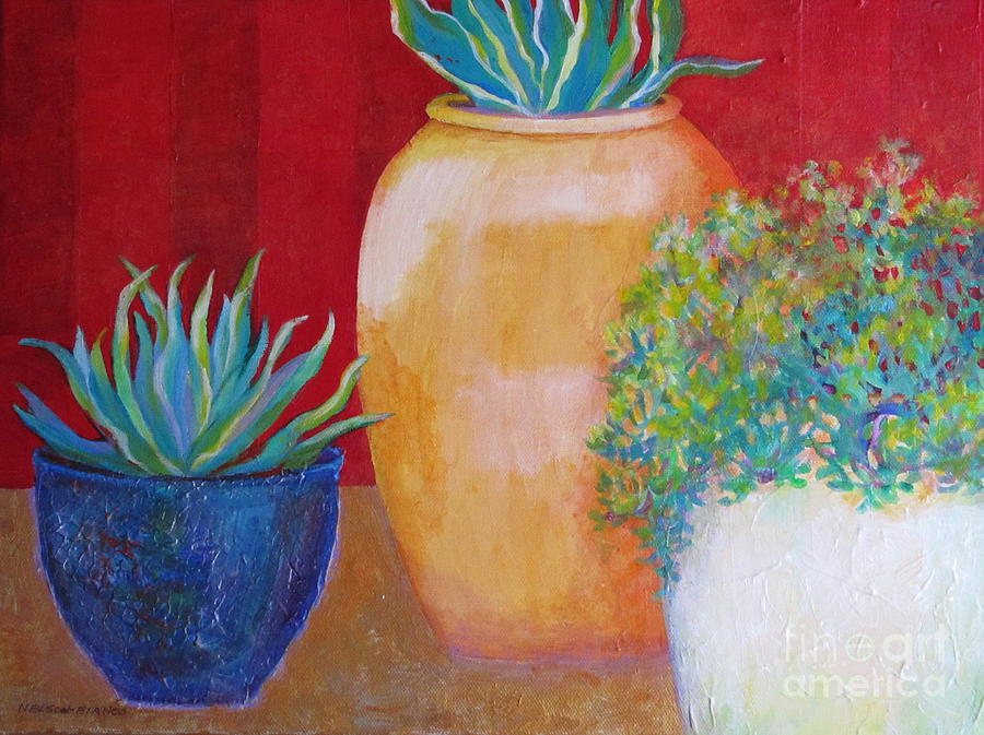 Three Bright Pots Painting by Sharon Nelson-Bianco