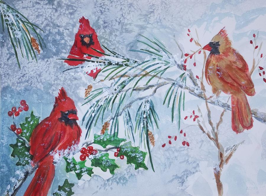 Three Cardinals in the Snow with Holly Painting by Ellen Levinson