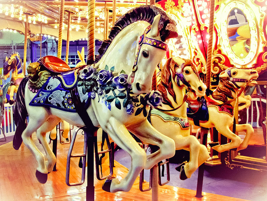 Summer Photograph - Three Carousel Ponies by Colleen Kammerer