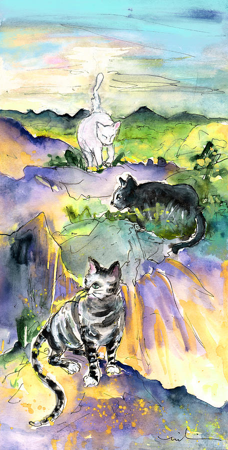 Animal Painting - Three Cats on The Penon de Ifach by Miki De Goodaboom