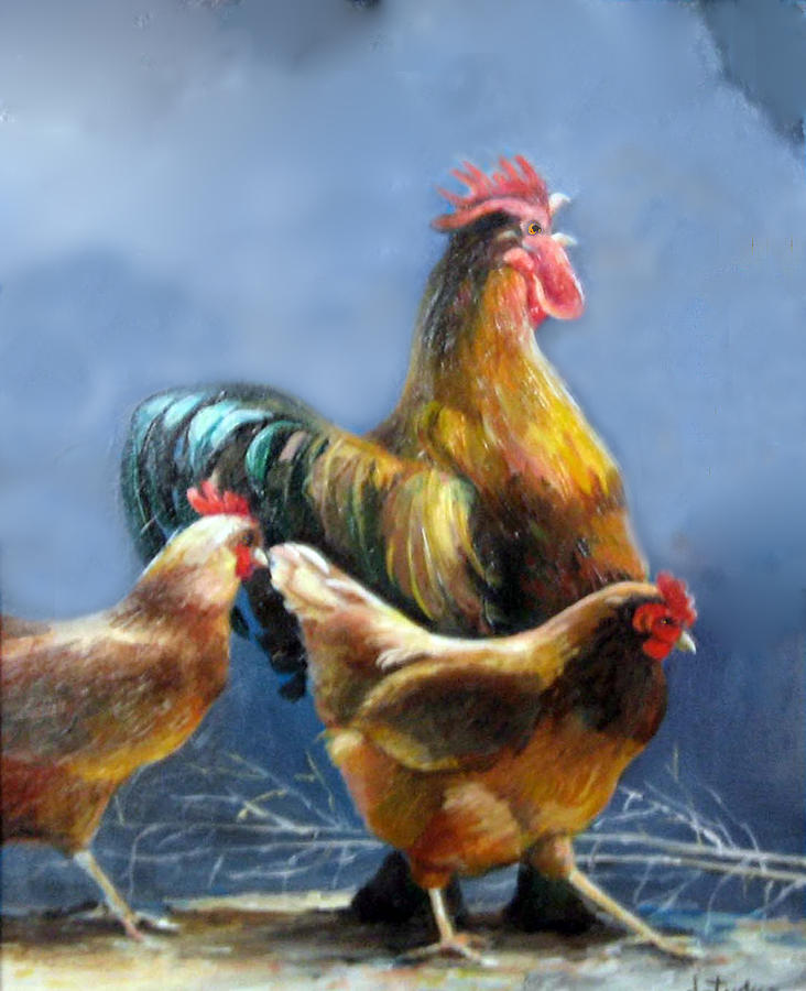 Three Chickens Painting by Donna Tucker