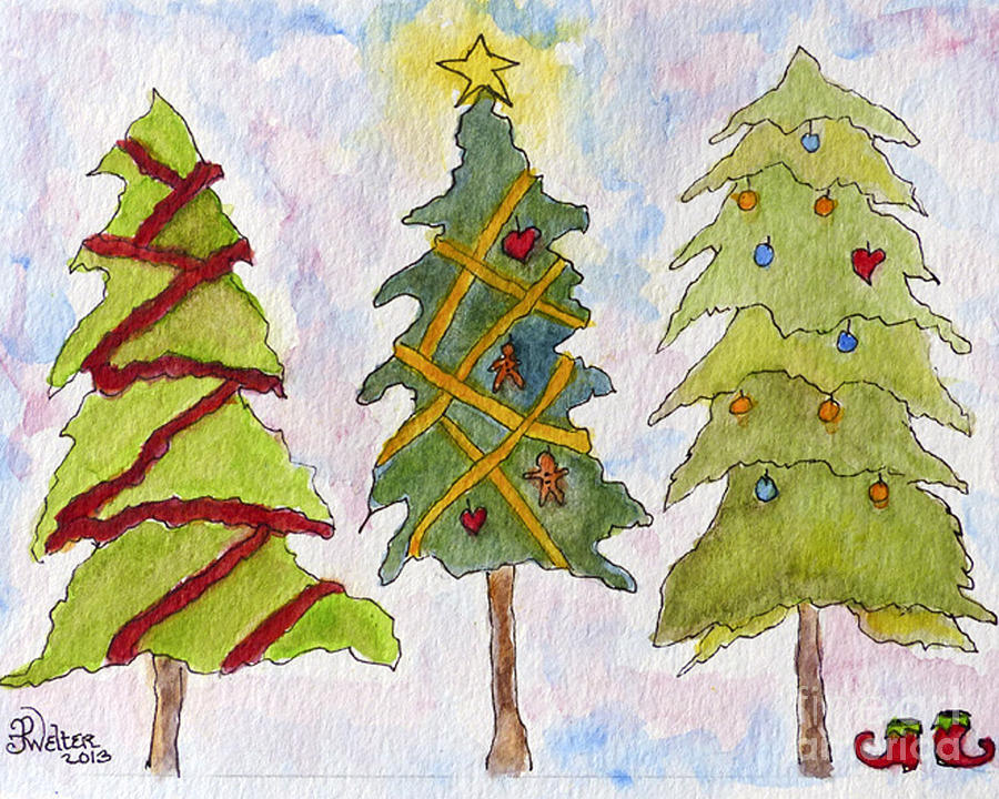 Three Christmas Trees and elf slippers Painting by Paula Joy Welter