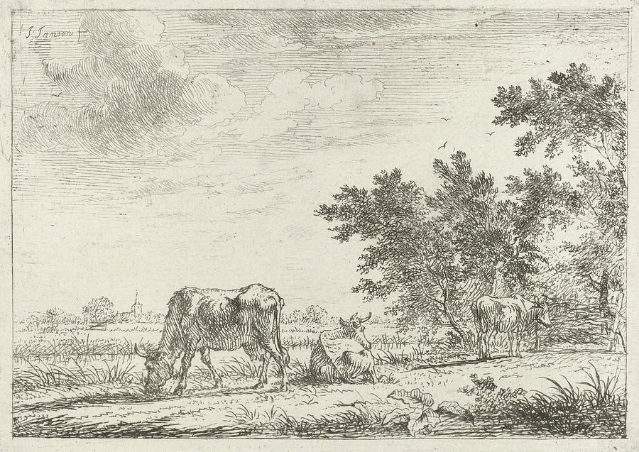 Three Cows In Pasture, John Janson Drawing by John Janson Fine Art