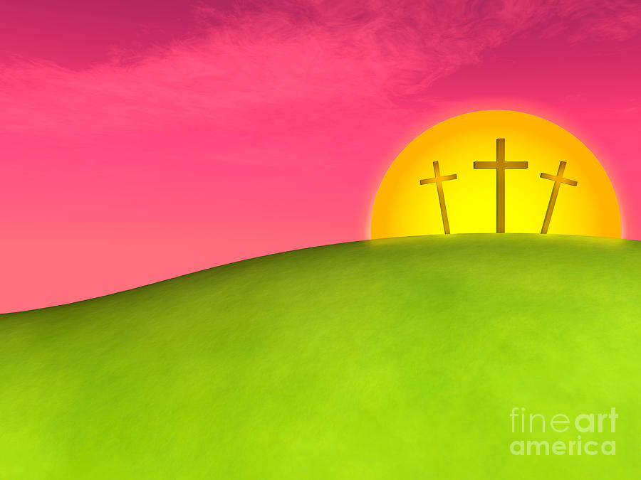 Easter Digital Art - Three Crosses on a Hill Against Beautiful Sunset by Shazam Images
