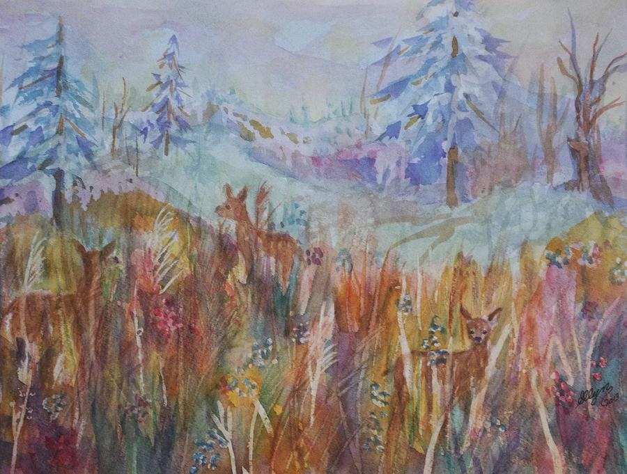Deer Painting - Three Deer Grazing in the Grass by Ellen Levinson