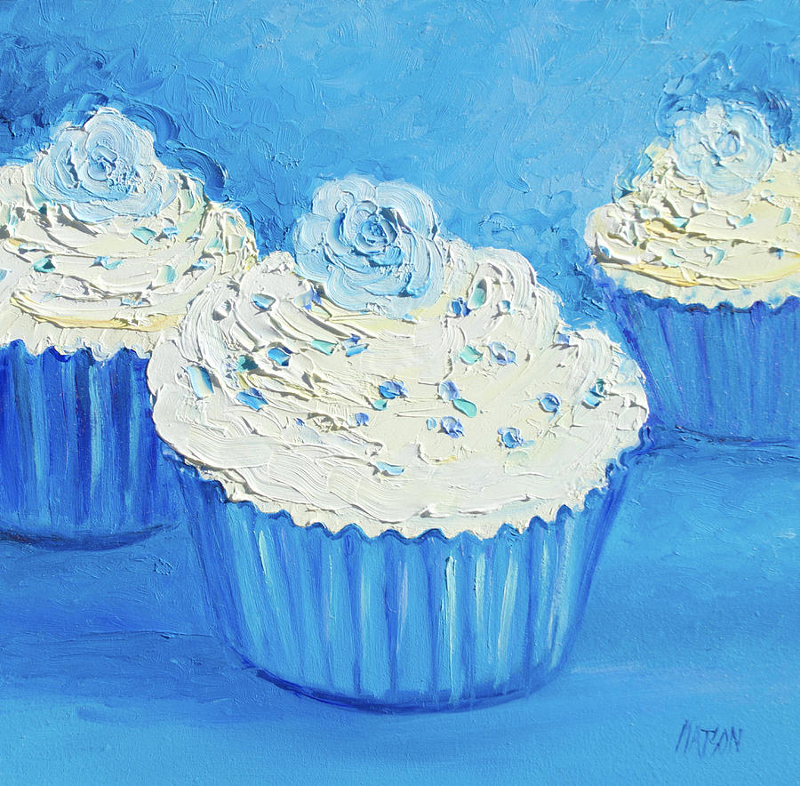 Three delicious cupcakes in a blue kitchen Painting by Jan Matson