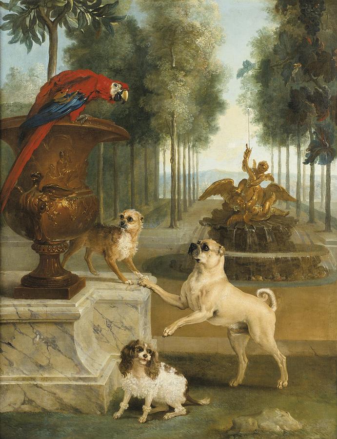 Three Dogs And A Macaw In A Park Painting by Celestial Images
