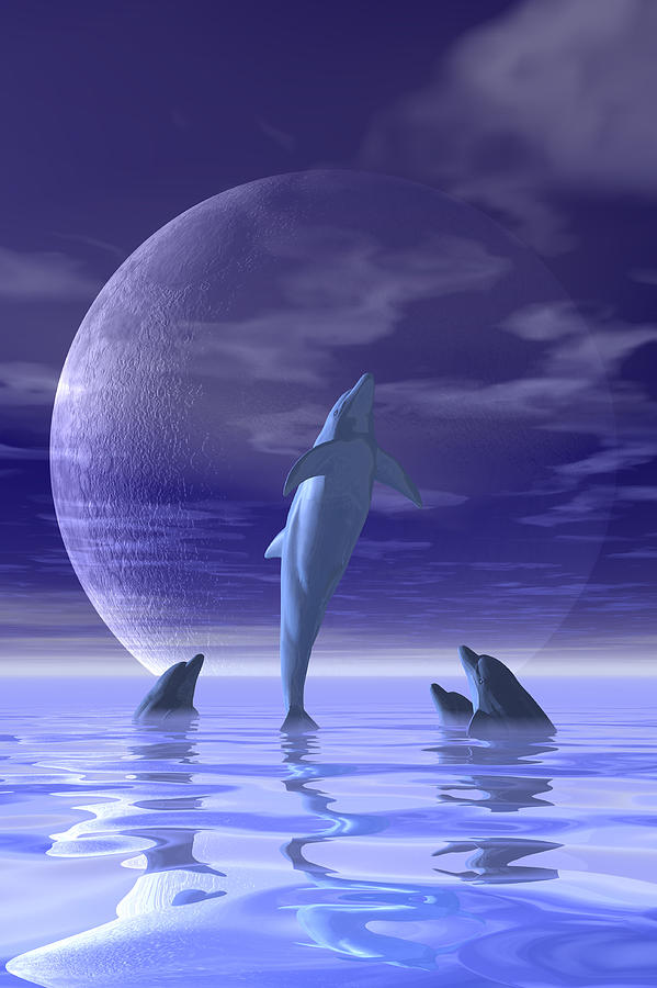 Three Dolphins In The Water With One Jumping In Front Of A Purple Moon Drawing by Rubberball/Clark Dunbar