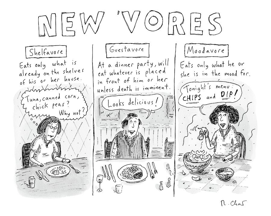 Three Eaters In Three Panels: The Shelfavore Drawing by Roz Chast