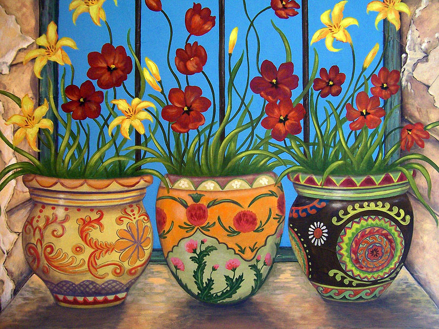 Flower Pots Painting - Three Flower Pots by Glenda Stevens