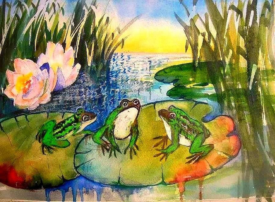 Three Frogs Painting by Esther Woods